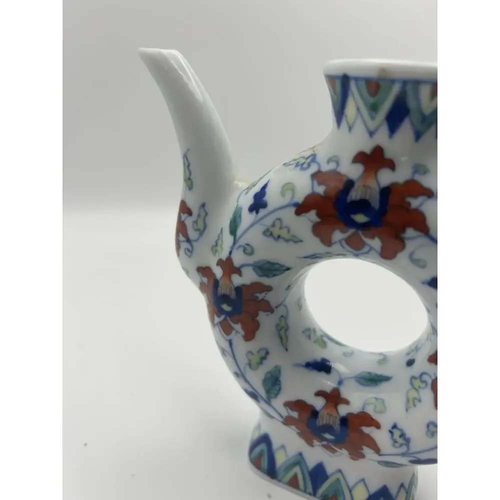 Lovely Vintage Chinese Blue White Porcelain Donut-Shaped Teapot.